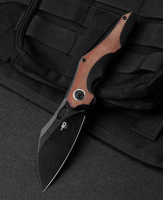 Bestech Nogard BT2105E front view – M390 black stonewash blade, black titanium canvas micarta handle