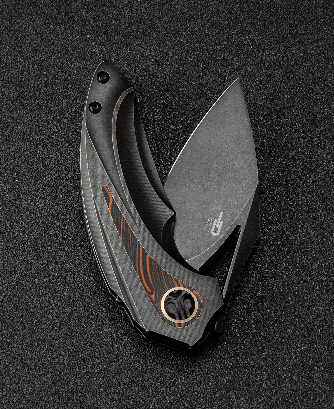 Bestech Nuke BT2107E blade detail – 2.65 inch M390 black stonewash modified wharncliffe