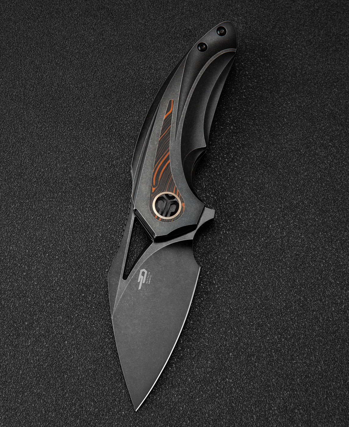 Bestech Nuke BT2107E front view – M390 modified wharncliffe blade, black titanium orange G10 handle