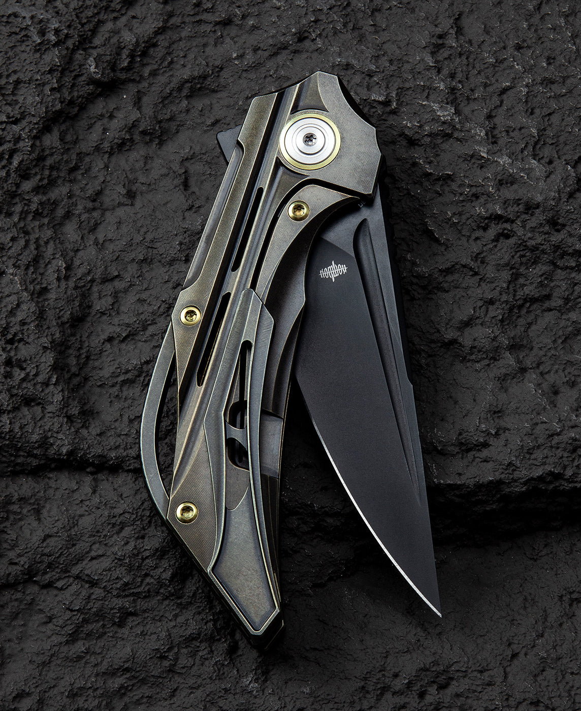 Bestech Vigil BT2201D side view – bronze titanium frame lock, black M390 blade contrast