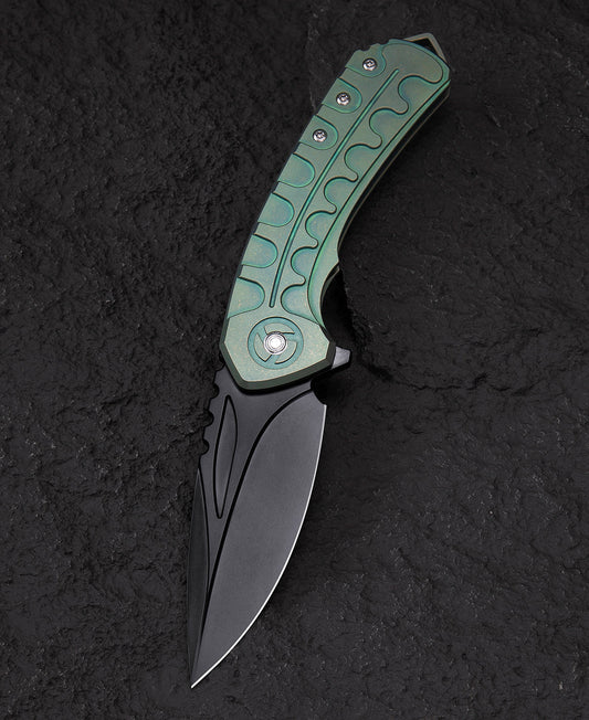 Bestech Buwaya BT2203D front view – M390 black stonewash blade, retro green titanium handle
