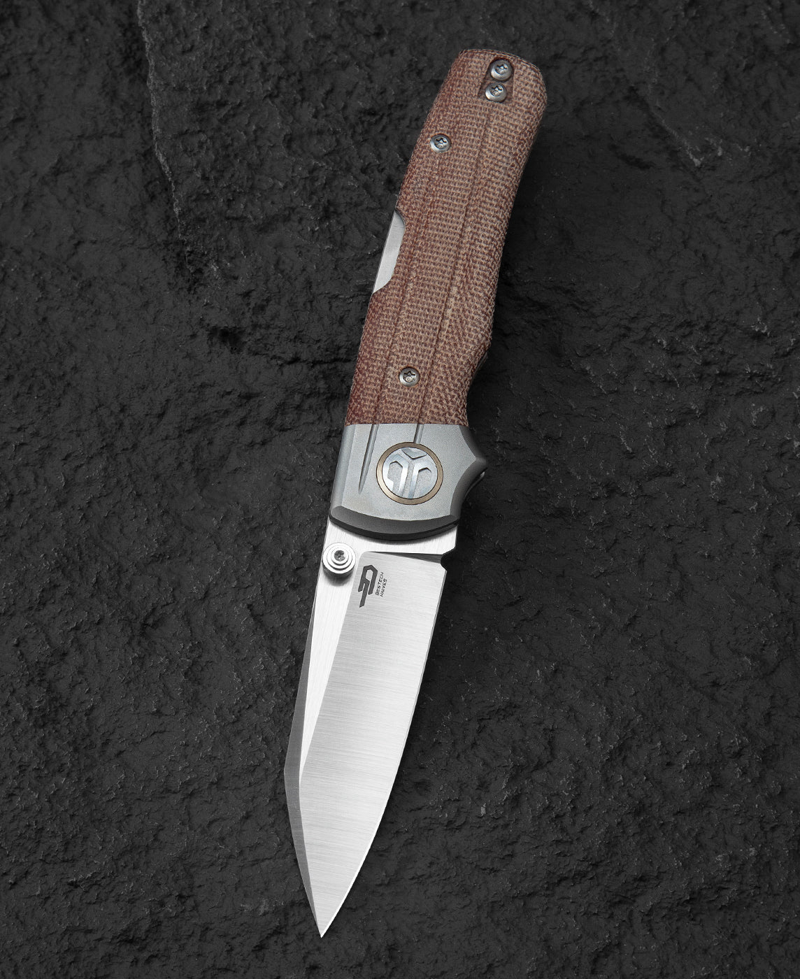Bestech Tonic BT2204B front view – M390 sheepsfoot blade, grey titanium, canvas micarta handle