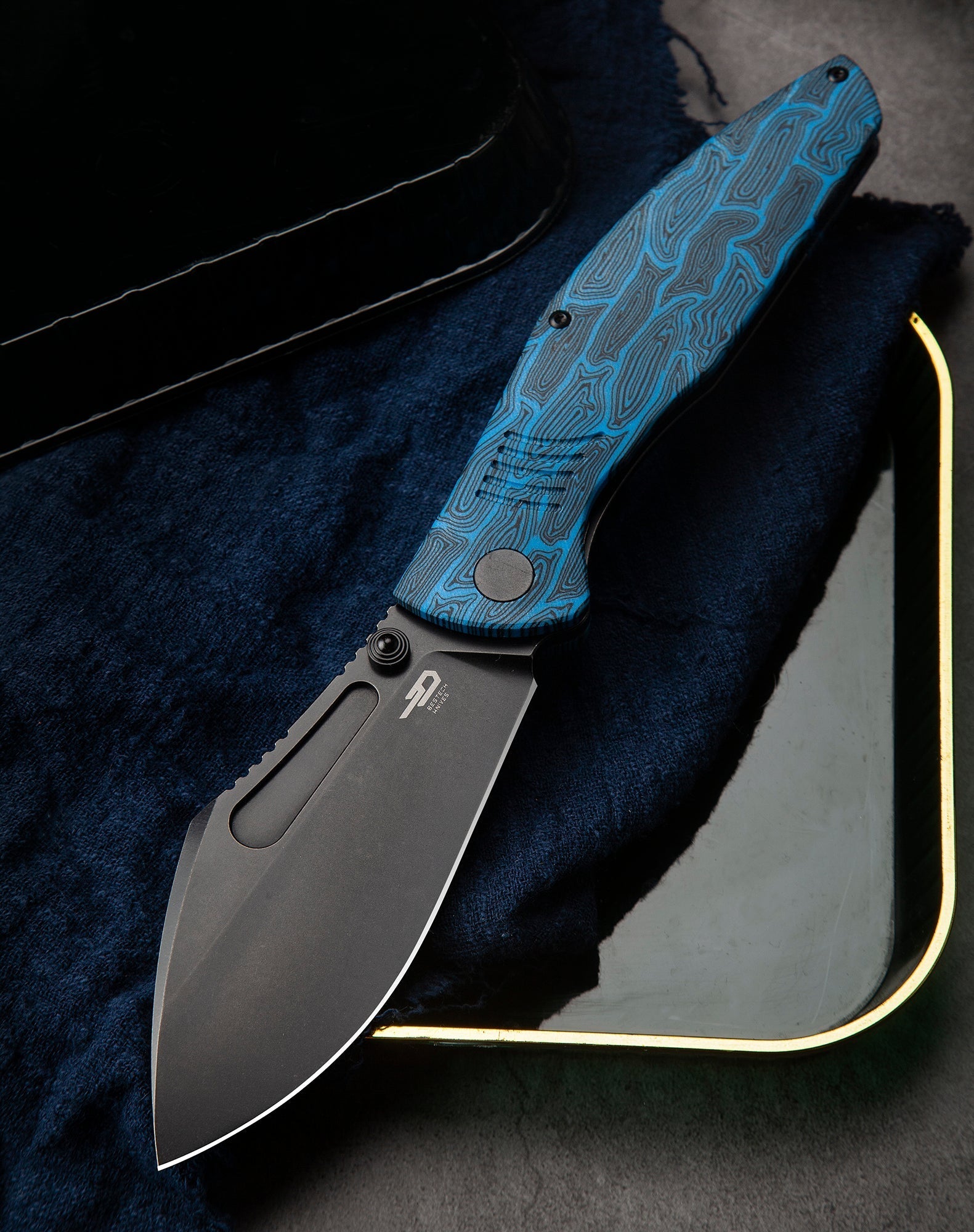Bestech Lockness BT2205D front view – 3.91 inch M390 black stonewash blade with black blue G10 titanium handle
