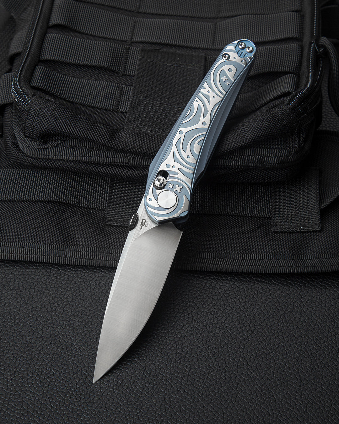 Bestech Mothus BT2206A front view – 3.47 inch M390 satin blade with full blue anodized titanium handle