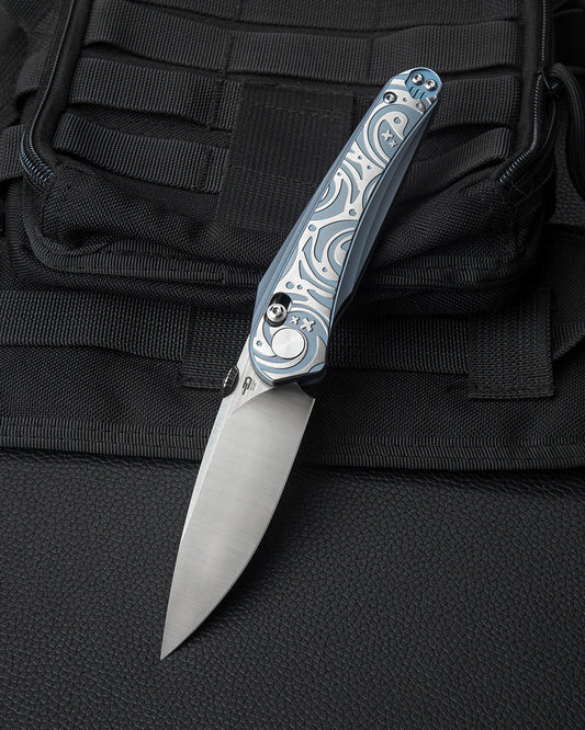 Bestech Mothus BT2206A front view – 3.47 inch M390 satin blade with full blue anodized titanium handle