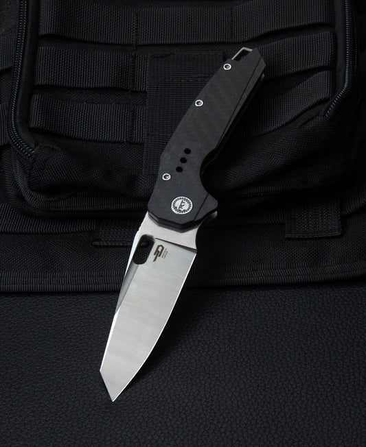 Bestech Nyxie BT2209C front view – 3.43 inch S35VN stonewash satin blade with grey titanium carbon fiber handle