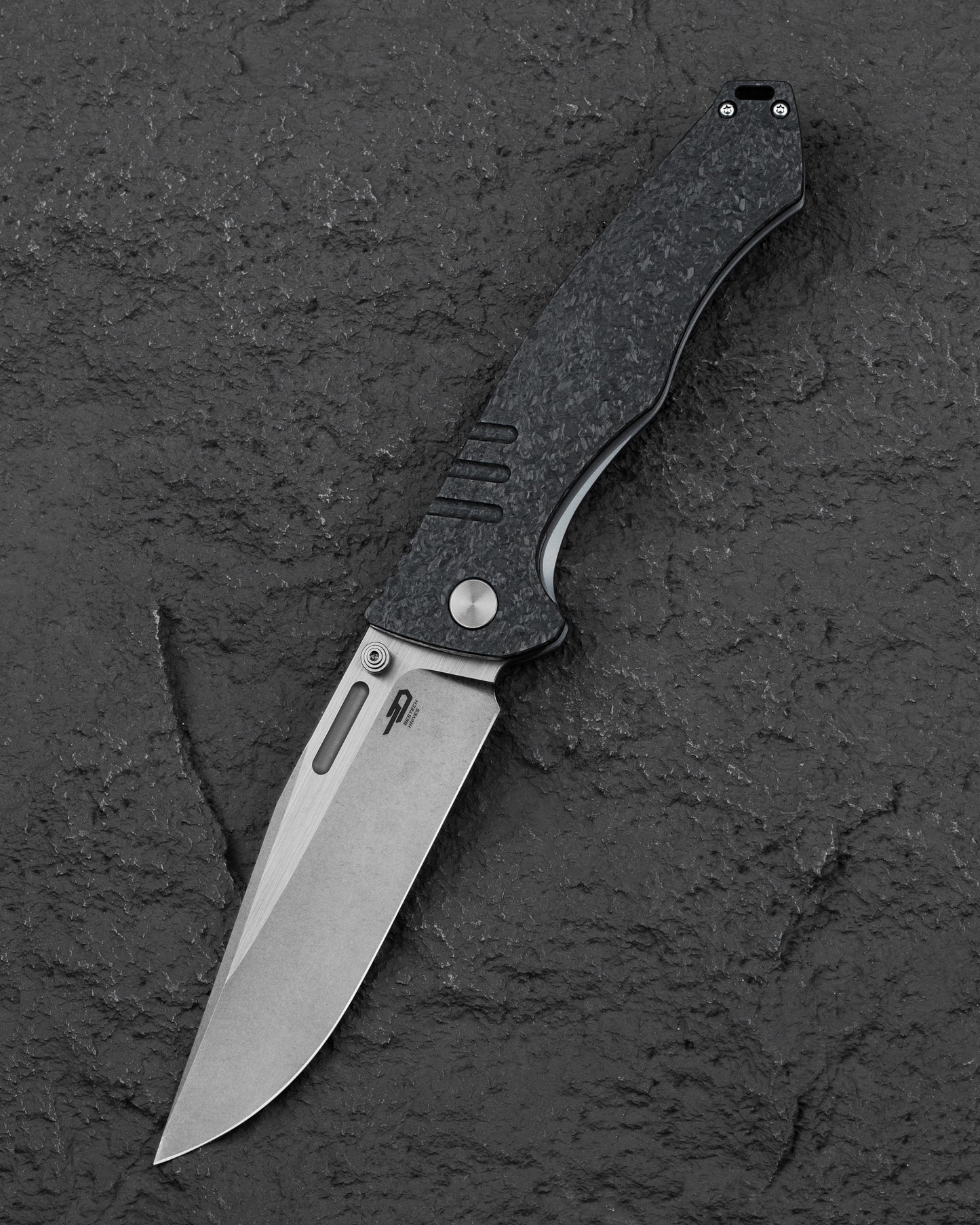 Bestech Keen II BT2301B front view – 4.19 inch S35VN stonewash satin blade with marble carbon fiber titanium handle