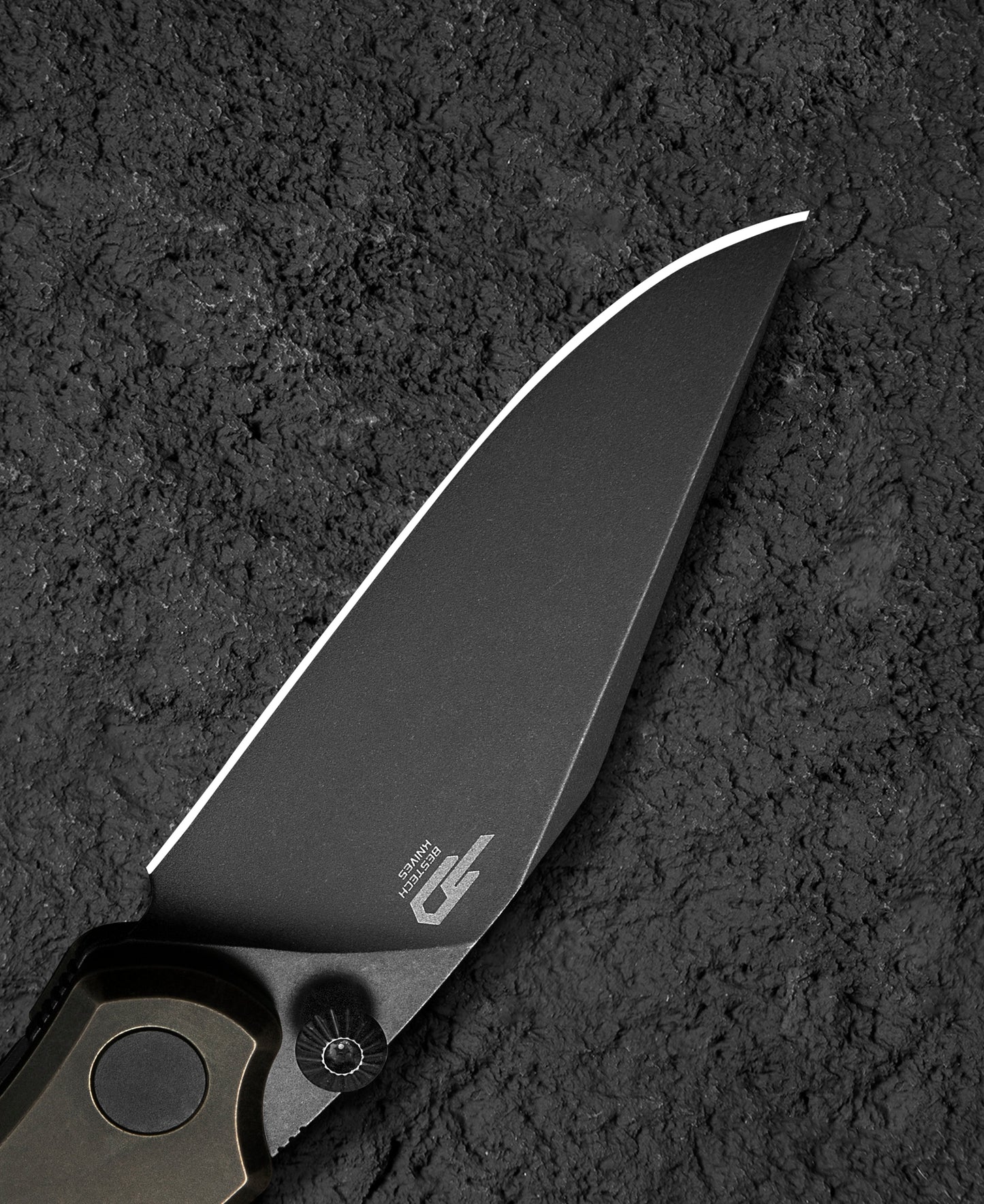Bestech Icarus BT2302B bronze stonewash detail – titanium handle showing distinctive black and bronze dual-tone finish