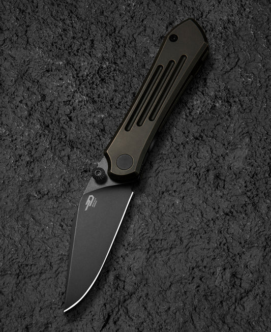 Bestech Icarus BT2302B front view – 2.65 inch M390 black stonewash blade with black and bronze titanium handle