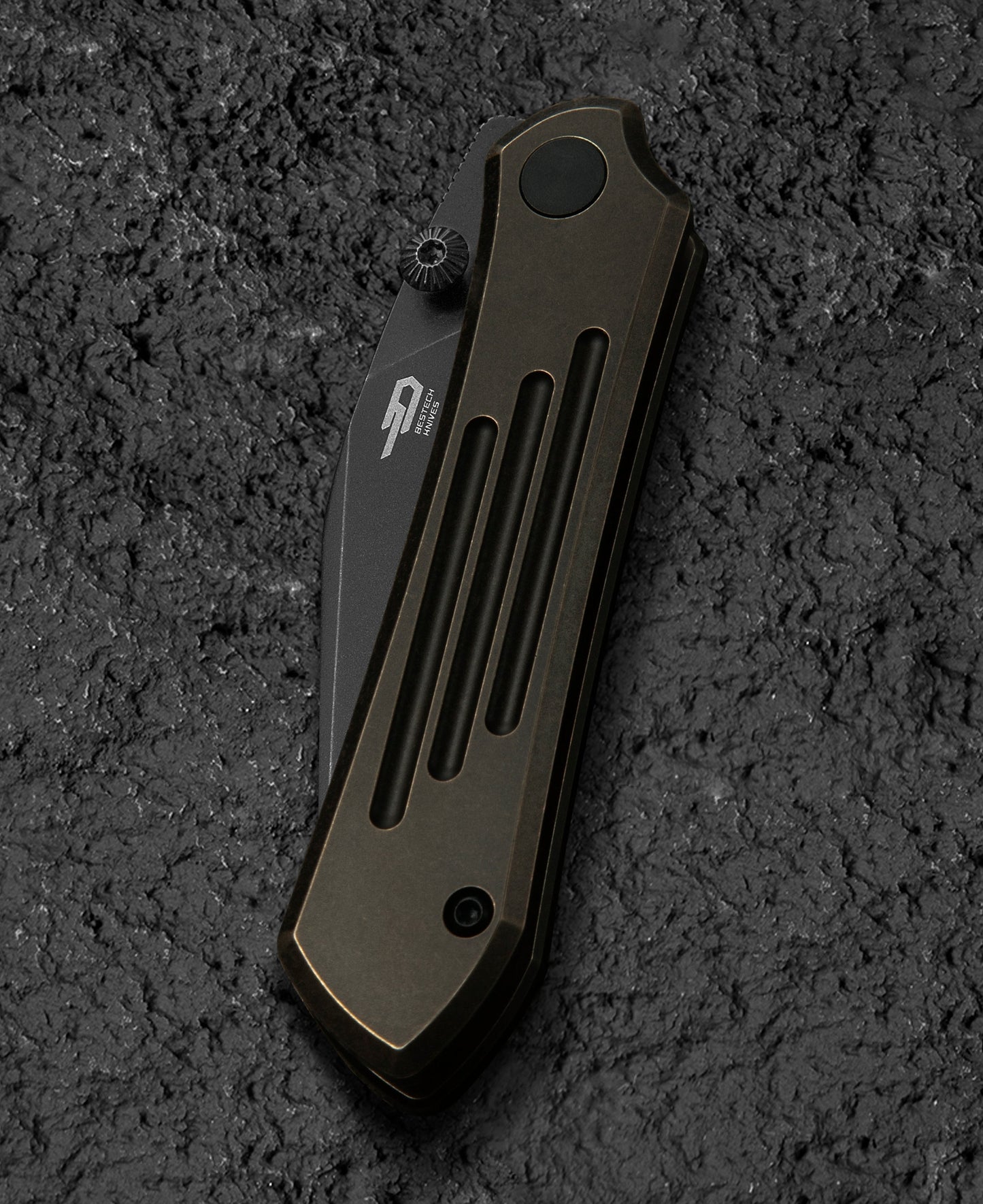 Bestech Icarus BT2302B side view – black and bronze dual-tone stonewash titanium handle with ceramic bearings