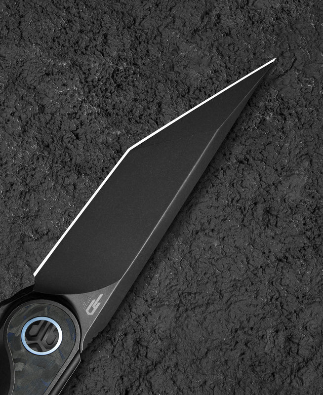 Bestech Blind Fury BT2303F blue pivot detail – blue anodized titanium pivot collar accent on black stonewash handle