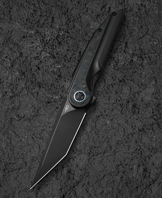 Bestech Blind Fury BT2303F front view – M390 black stonewash blade with blue marble titanium handle