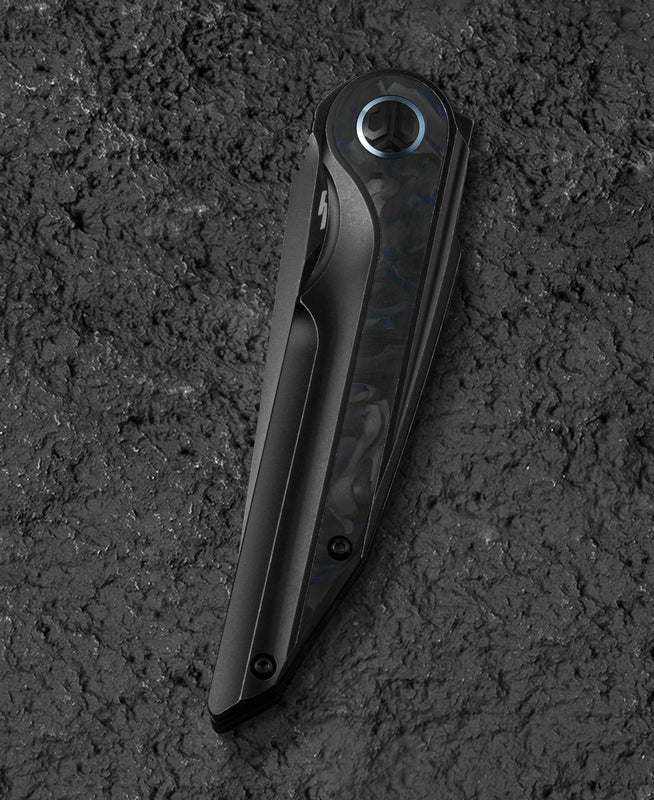 Bestech Blind Fury BT2303F side view – black stonewash titanium handle with blue marble carbon fiber inlay