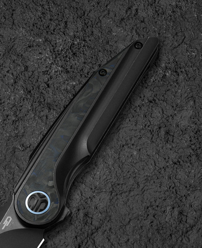 Bestech Blind Fury BT2303F spine detail – black stonewash M390 blade spine and titanium backspacer