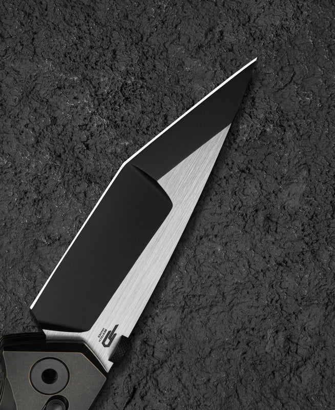 Bestech Cetus BT2304B canvas micarta detail – natural canvas micarta inlay on black bronze titanium handle