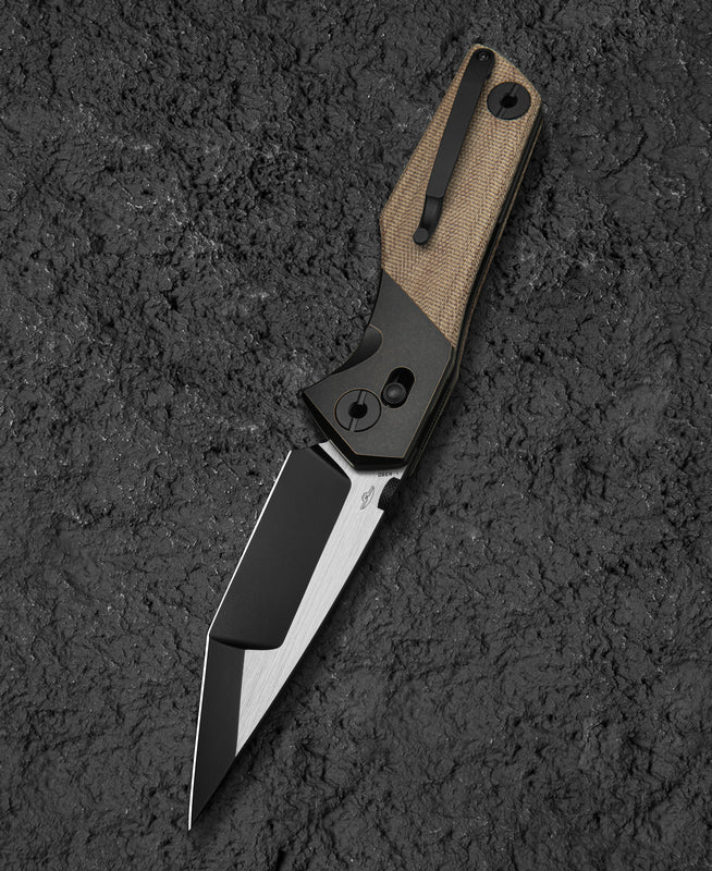Bestech Cetus BT2304B closed view – bar lock titanium handle with natural canvas micarta inlay, 5.06 inch closed