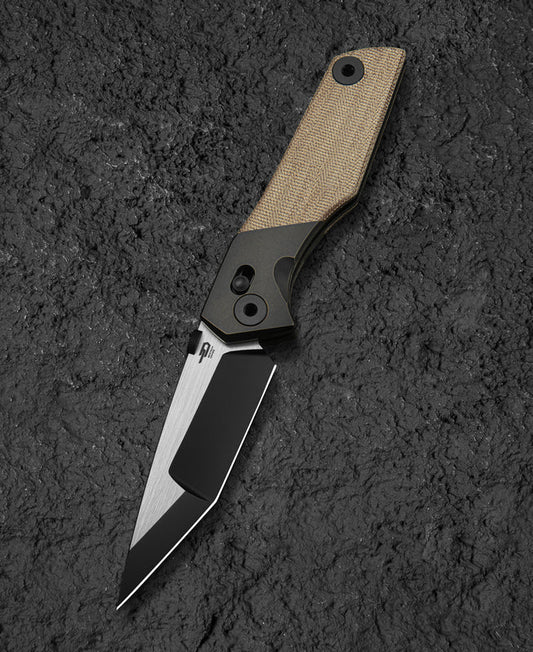 Bestech Cetus BT2304B front view – 3.94 inch M390 black PVD satin blade, black bronze titanium canvas micarta handle