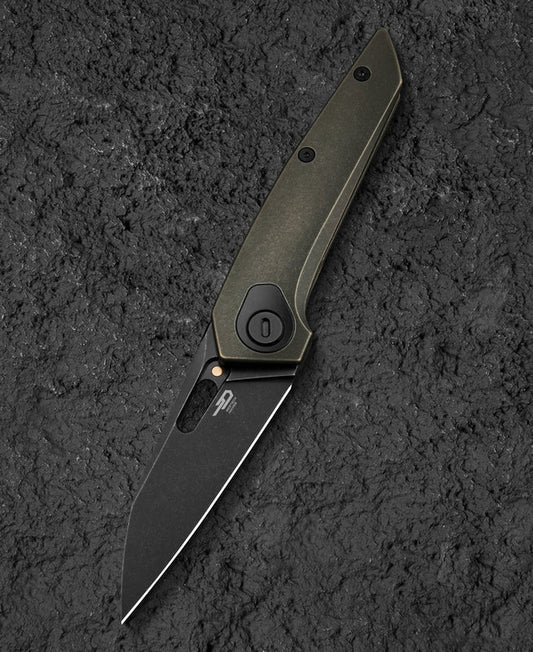 Bestech VK-Void BT2305D front view – Elmax Wharncliffe blade, black bronze stonewash titanium frame lock handle