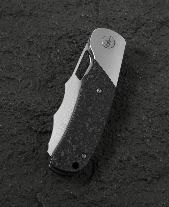 Bestech Syn BT2306A clip detail – bead blast titanium pocket clip on marble carbon fiber handle