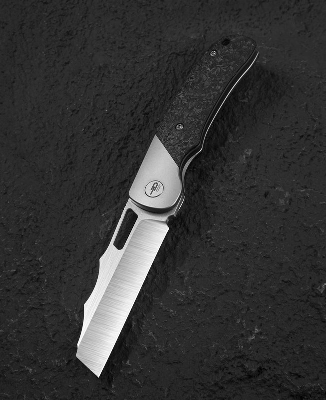 Bestech Syn BT2306A front view – Elmax hollow grind blade, bead blast titanium marble carbon fiber handle