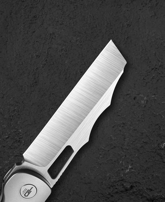 Bestech Syn BT2306A spine detail – 0.14 inch blade thickness Elmax steel bead blast titanium backspacer
