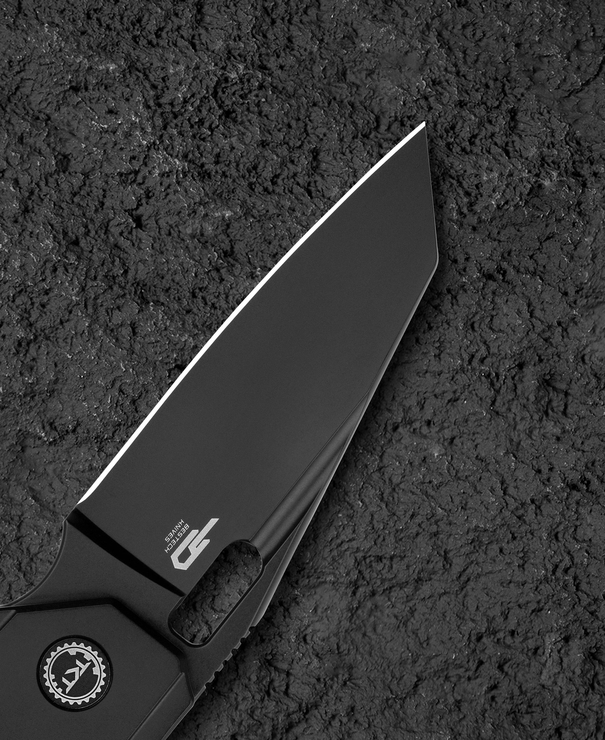 Bestech Nyxie 3 BT2308B DLC blade detail – Diamond-Like Carbon coating hollow grind finish