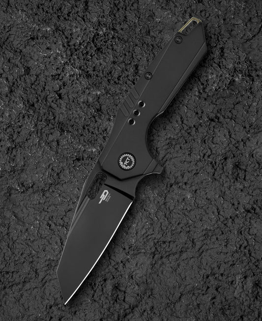 Bestech Nyxie 3 BT2308B front view – S35VN black DLC blade, all-black titanium frame lock handle
