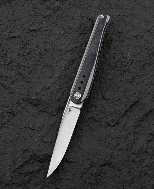 Bestech Spear Phisher BT2405B front view – M390 blade, white bead blast titanium frame lock handle