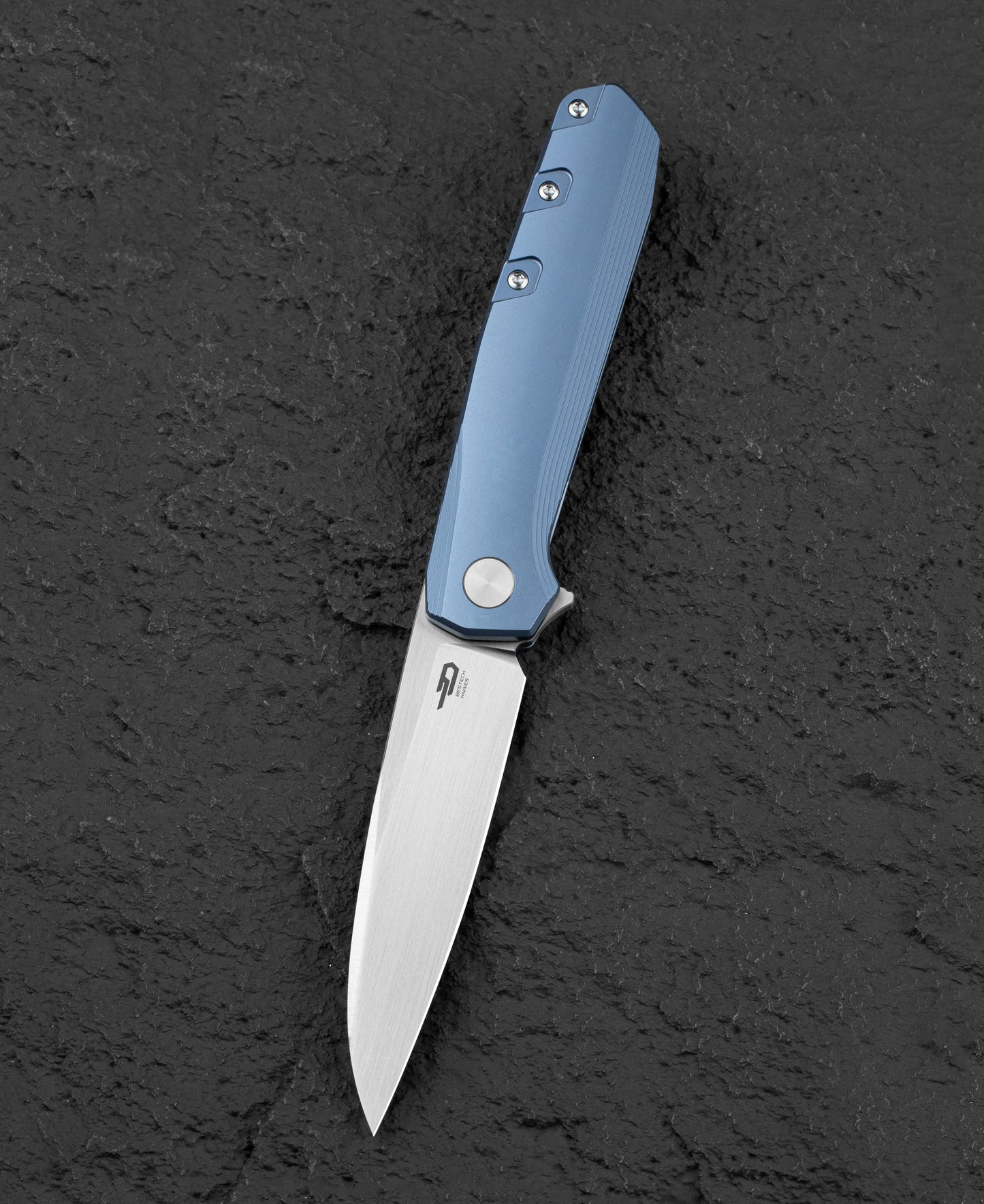 Bestech 9 BT2408C M390 Hand Satin Blade Blue Anodized Titanium Frame Lock Folding Knife Front View