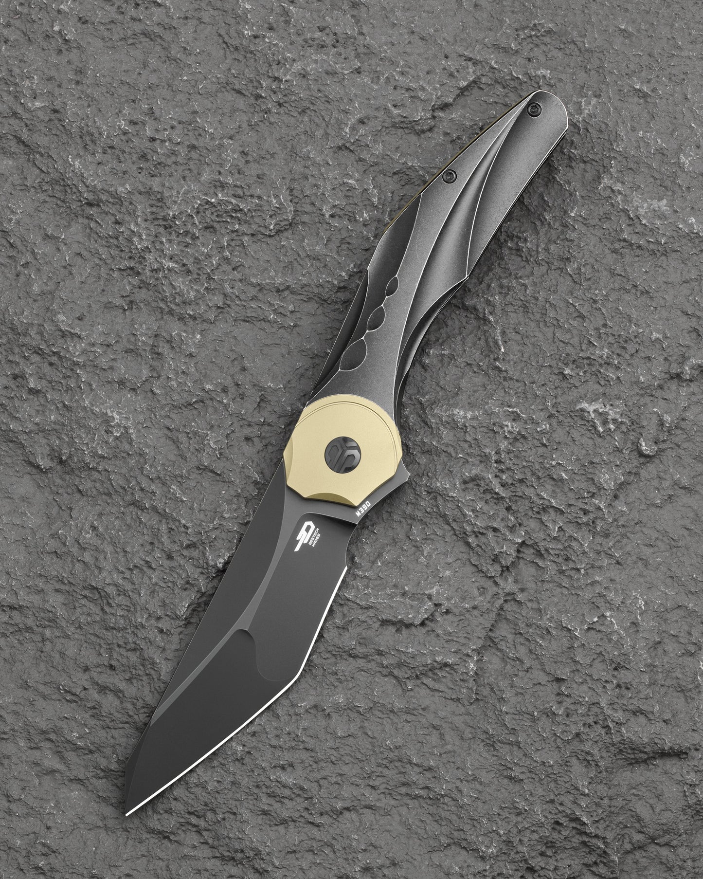 Bestech Excentric BT2412B M390 Black Stonewash Blade Titanium Frame Lock Folding Knife Front View