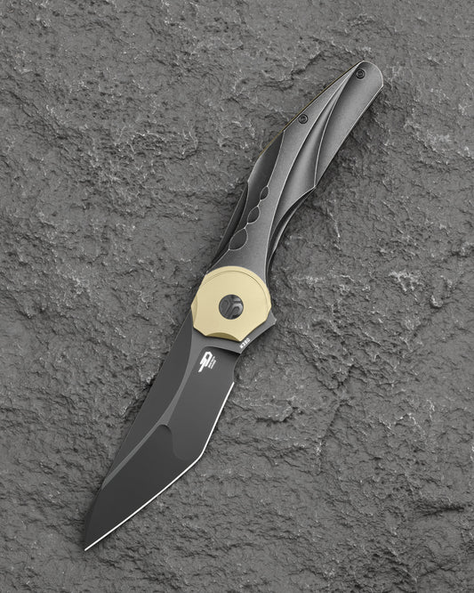 Bestech Excentric BT2412B M390 Black Stonewash Blade Titanium Frame Lock Folding Knife Front View