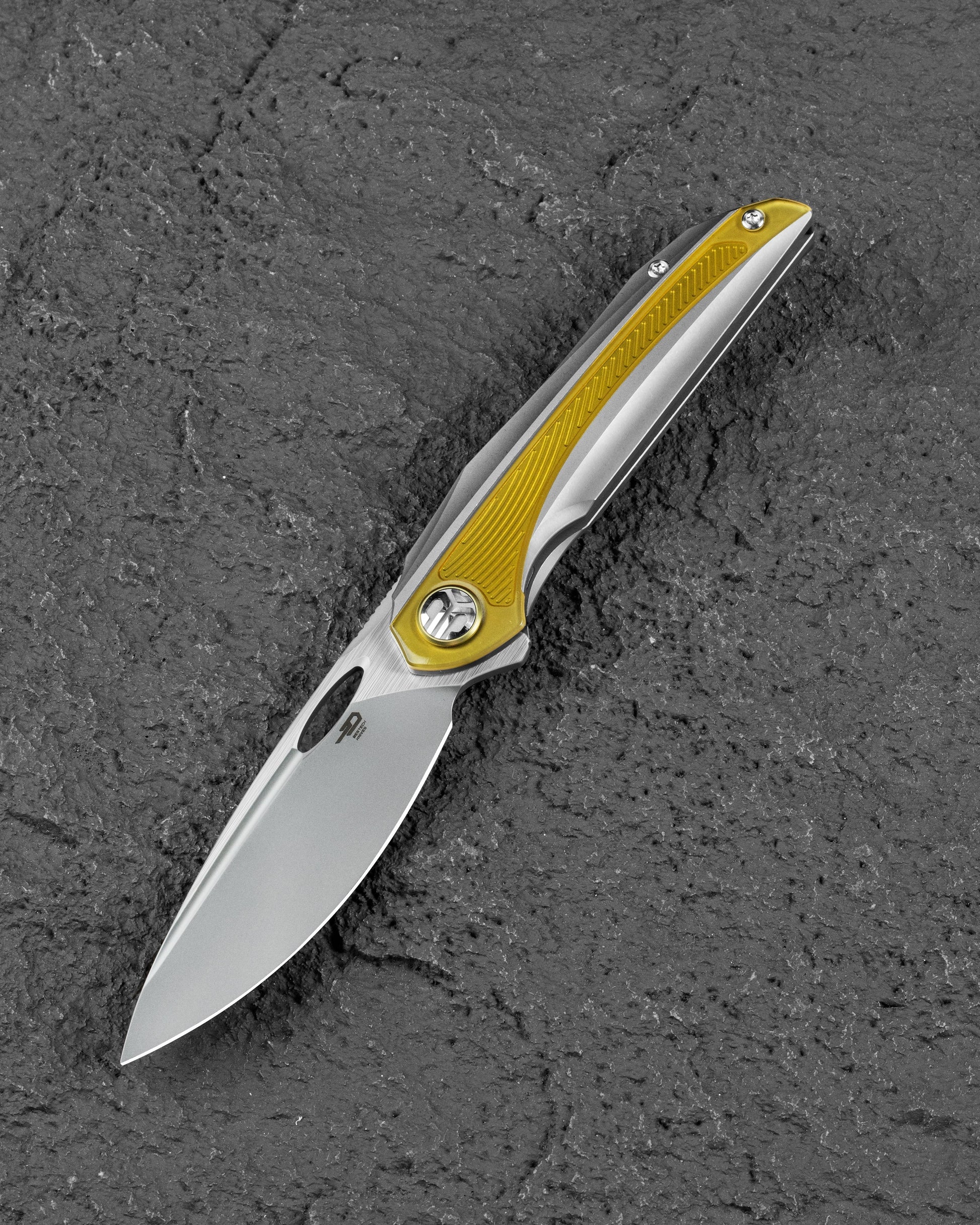 Bestech Senu BT2601A S90V Blade Stonewash Titanium Ultem Inlays Frame Lock Folding Knife Front View