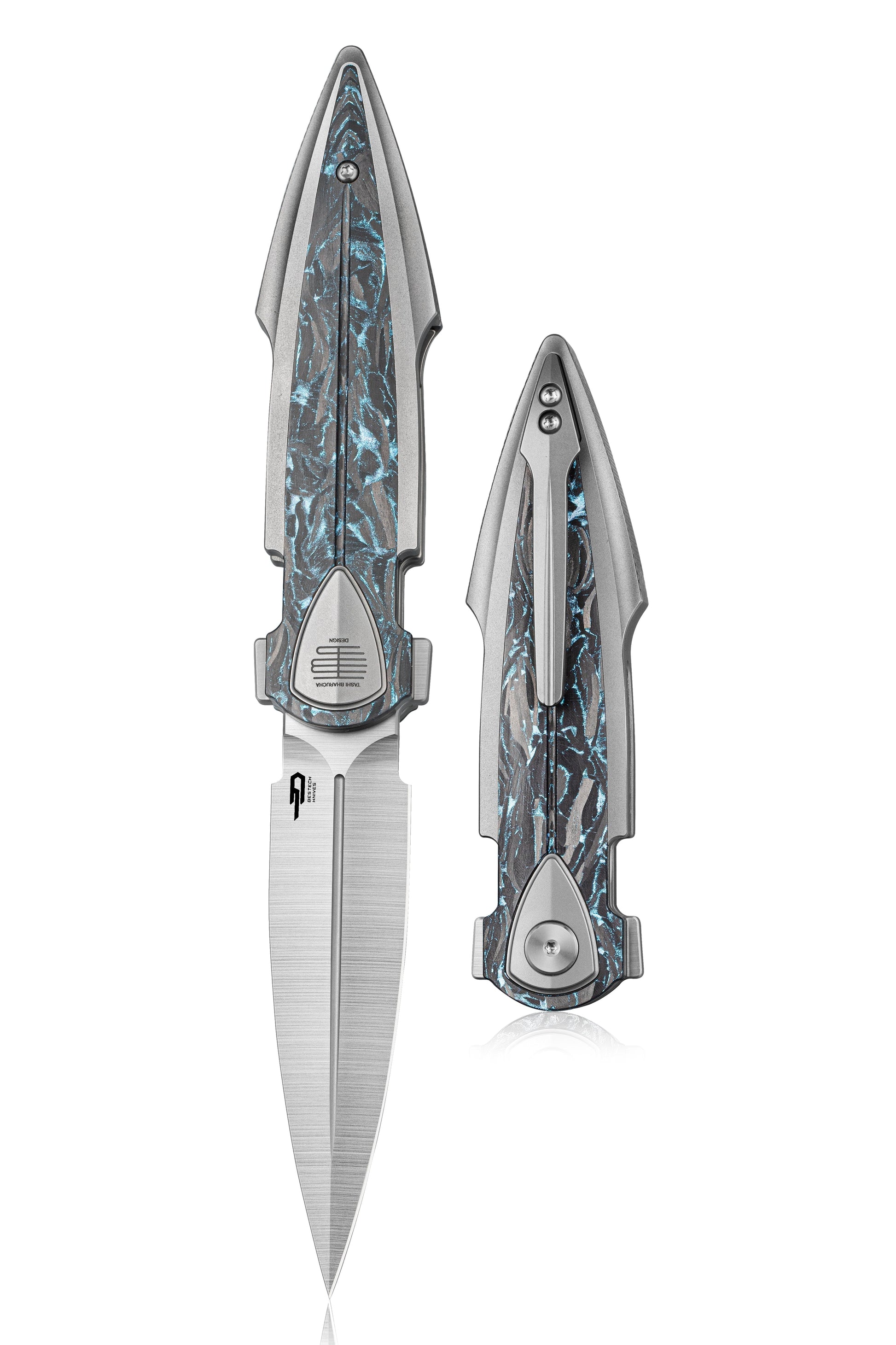 Bestech Ika Dagger BT2602B front view – 3.90" machine satin M390 dagger integral folding knife with titanium and blue marble carbon fiber handle