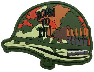 Born To Kill Helmet Morale Patch BTK-CM front view – 2.95″ x 2.17″ woodland camo helmet 3D PVC patch