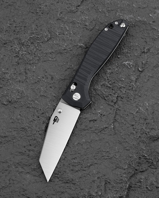 Bestech Liger BTKG61A front view – 3.61" D2 Satin wharncliffe, Black G10, Bar Lock