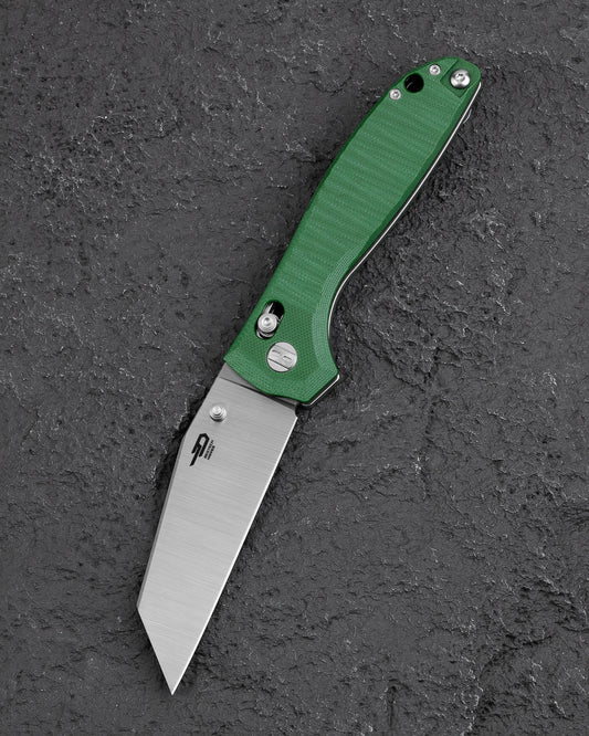 Bestech Liger BTKG61B front view – 3.61" D2 Satin wharncliffe, OD Green G10, Bar Lock