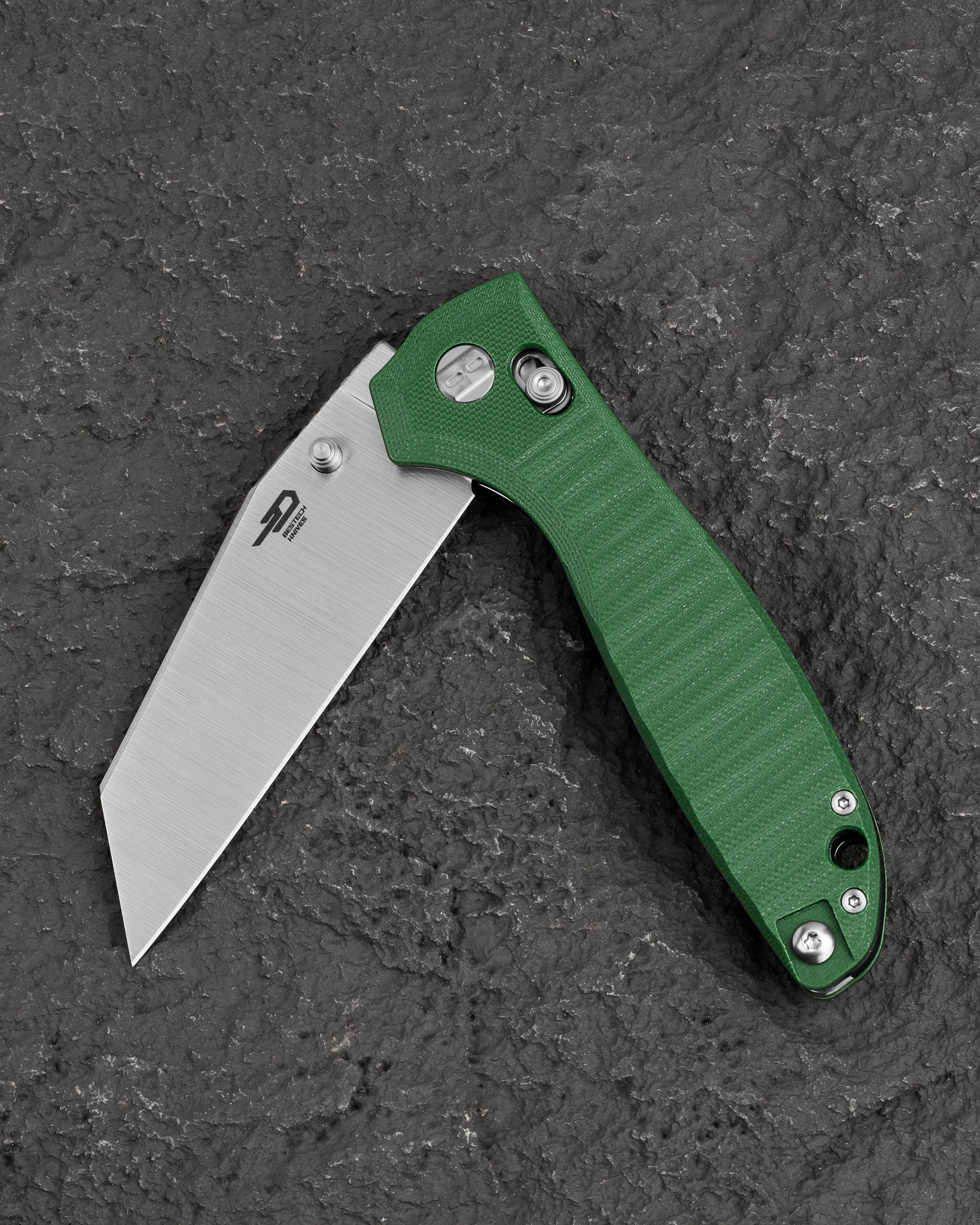 Bestech Liger BTKG61B open position – 3.61" Satin blade deployed, OD Green G10