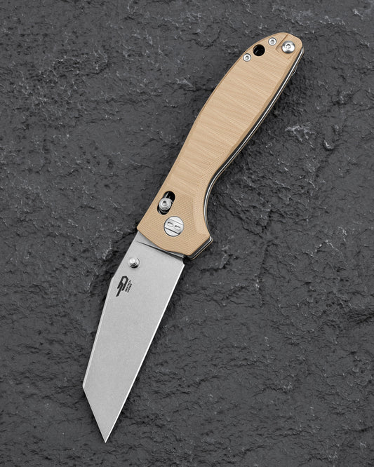 Bestech Liger BTKG61C front view – 3.61" D2 Stonewash wharncliffe, Beige G10, Bar Lock