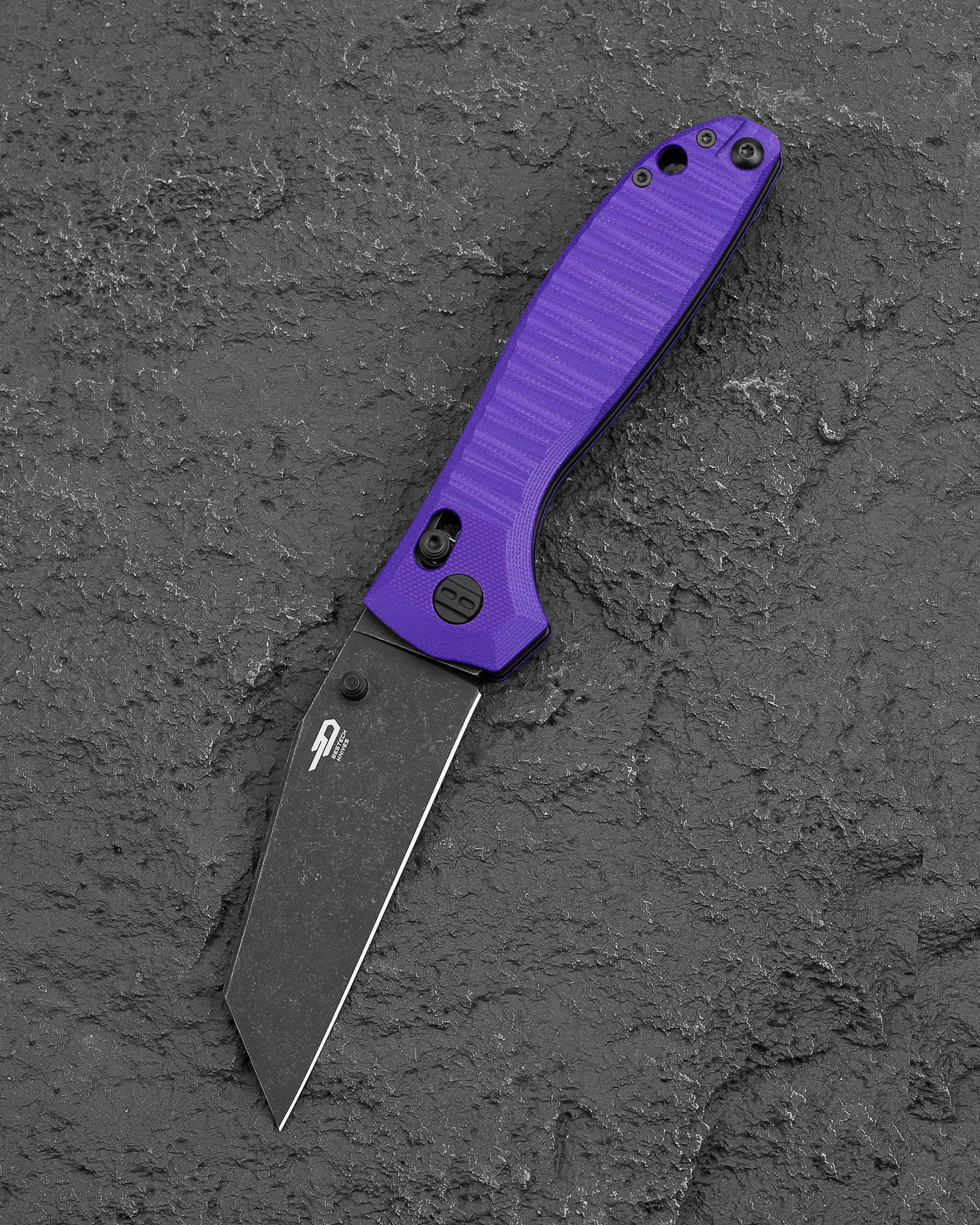 Bestech Liger BTKG61E front view – 3.61" D2 Black Stonewash wharncliffe, Purple G10, Bar Lock