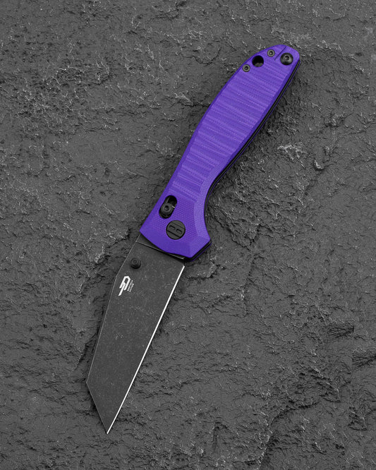 Bestech Liger BTKG61E front view – 3.61" D2 Black Stonewash wharncliffe, Purple G10, Bar Lock