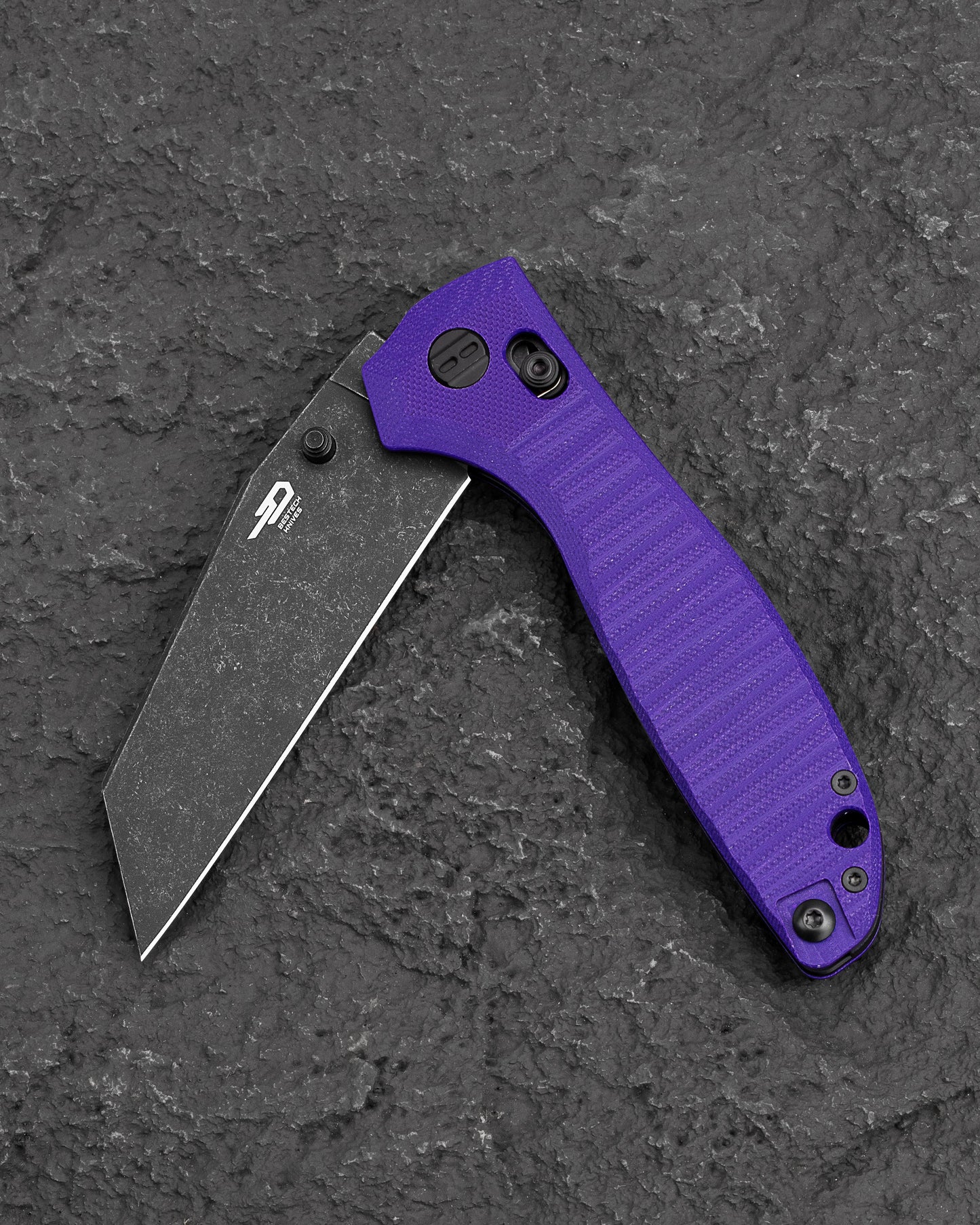 Bestech Liger BTKG61E open position – 3.61" Black Stonewash blade deployed, Purple G10