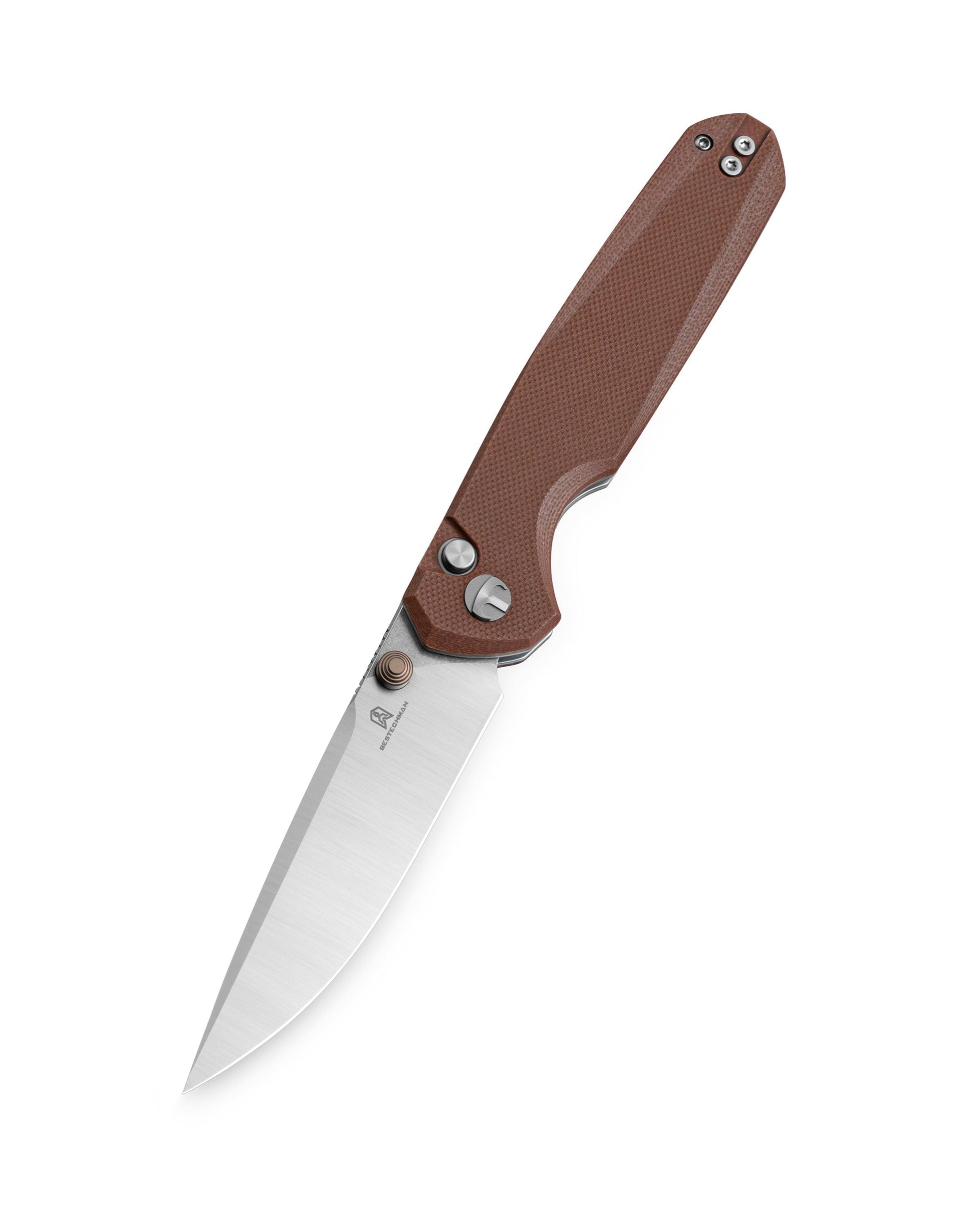 Bestechman Velix BTKMK07B closed view – Brown G10 handle, Button Lock flipper folding knife
