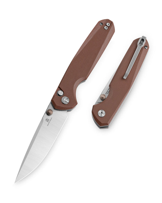 Bestechman Velix BTKMK07B front view – 3.32" 14C28N Satin+Stonewash, Brown G10, Button Lock