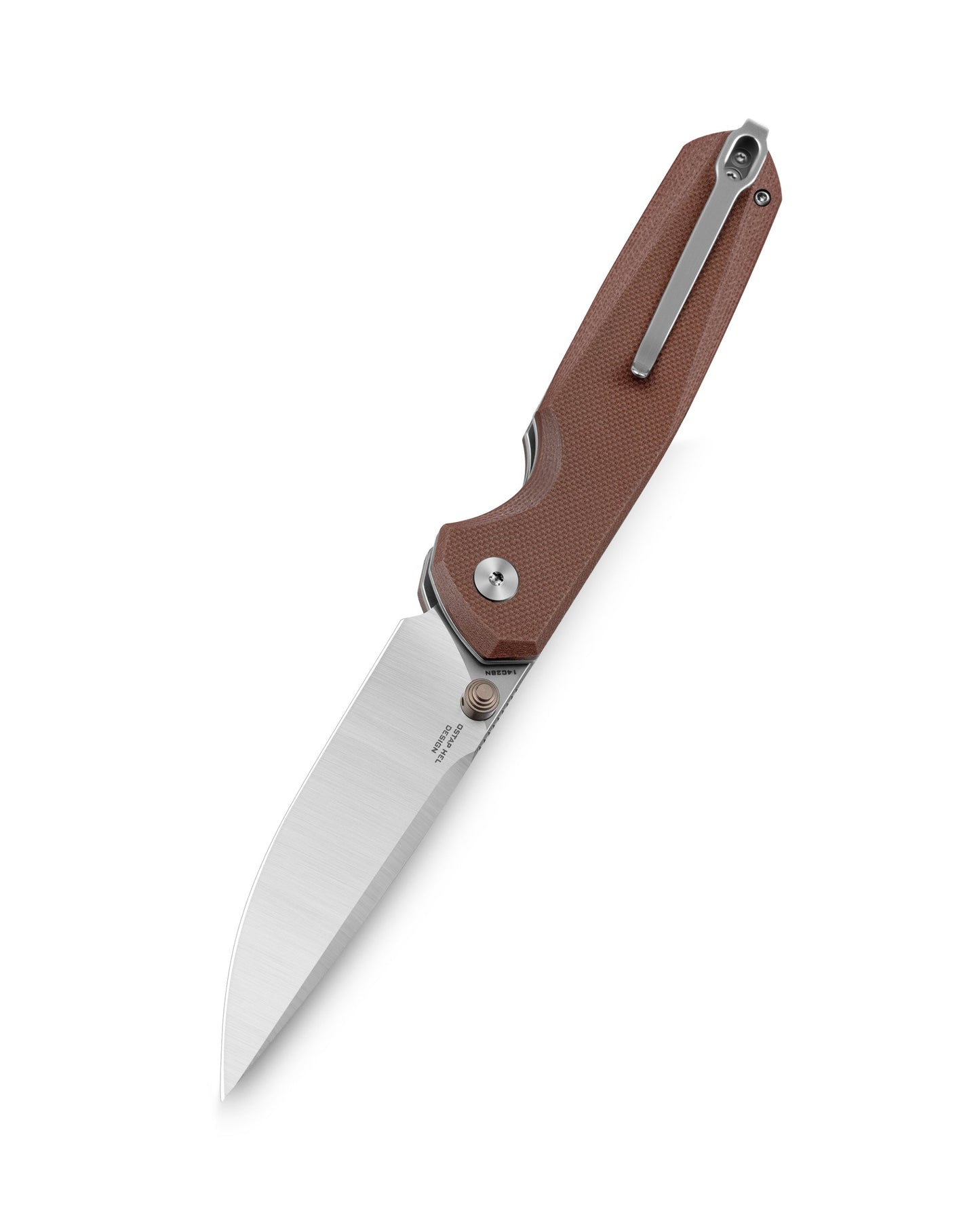 Bestechman Velix BTKMK07B open position – 3.32" Satin+Stonewash blade deployed, Brown G10