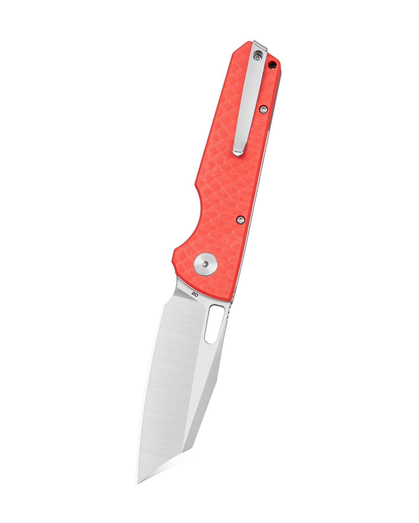 Bestechman Guardian BTKMK11C closed view – Red G10 carbon fiber handle, Button Lock folding knife
