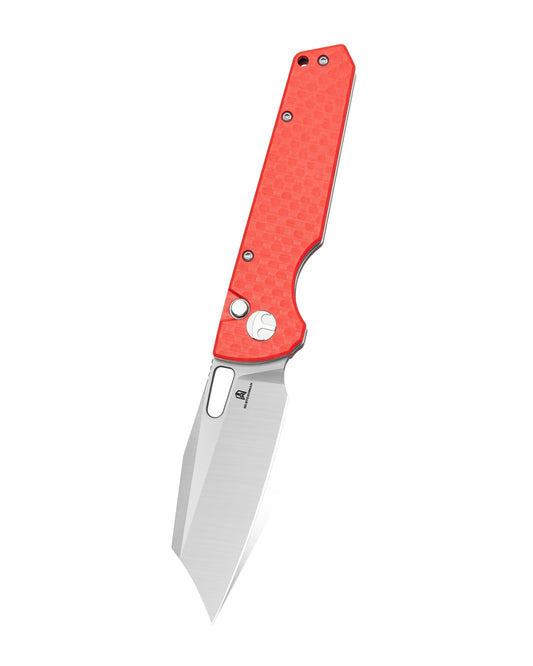 Bestechman Guardian BTKMK11C front view – 3.21" D2 Satin, Red G10 carbon fiber, Button Lock