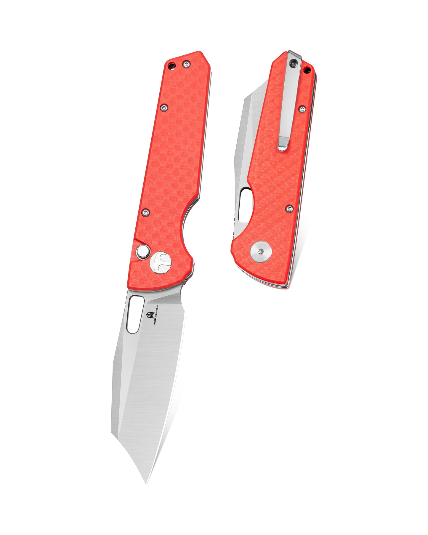 Bestechman Guardian BTKMK11C open position – 3.21" D2 Satin blade deployed, Red G10