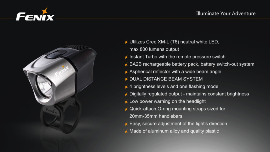 Fenix BTR20 CREE XM-L T6 800 Lumen NEUTRAL WHITE Rechargeable LED Bicycle Light