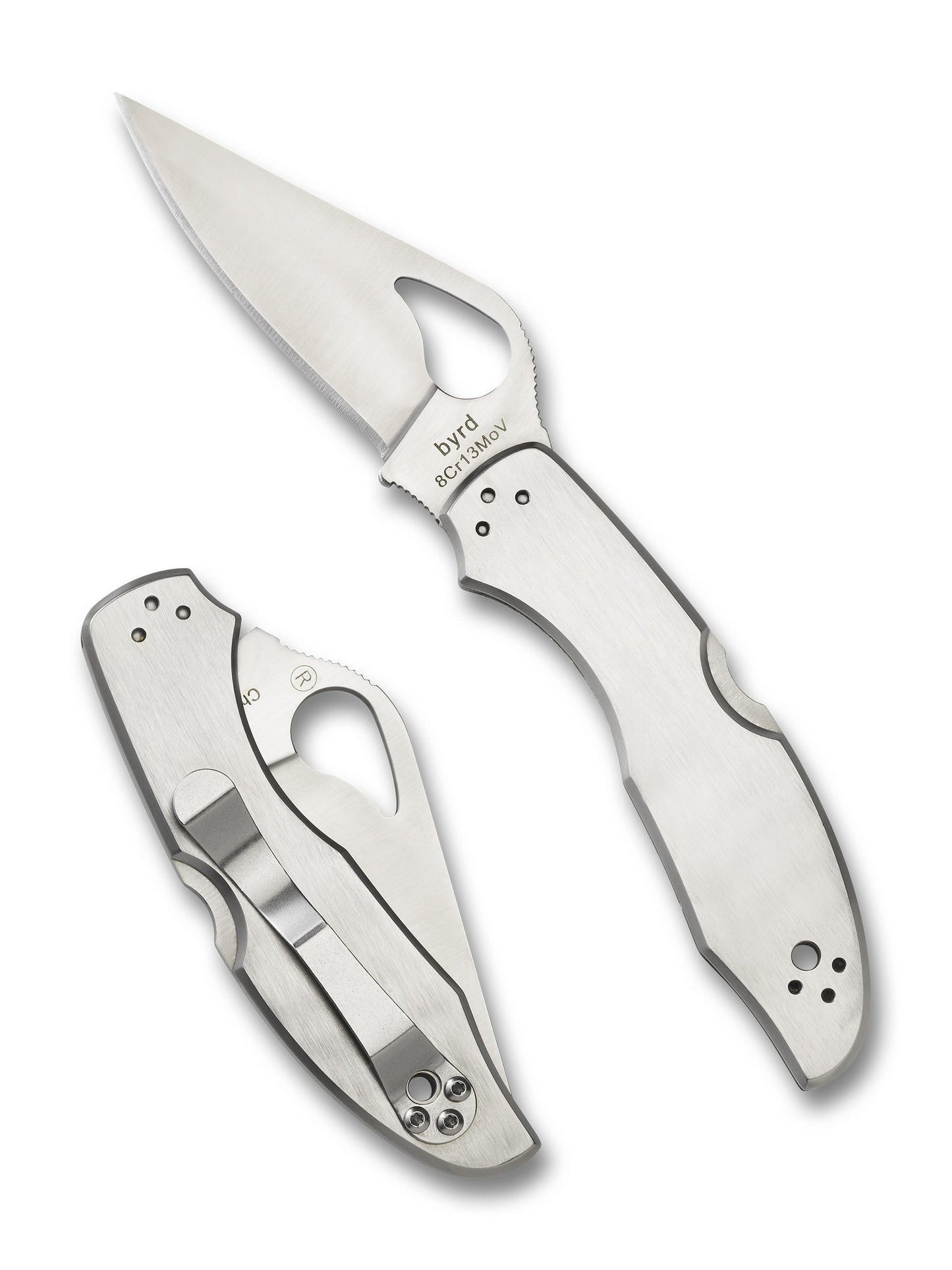 Spyderco Byrd Meadowlark 2 BY04P2 front view - 2.97 inch satin 8Cr13MoV leaf blade with stainless steel handle