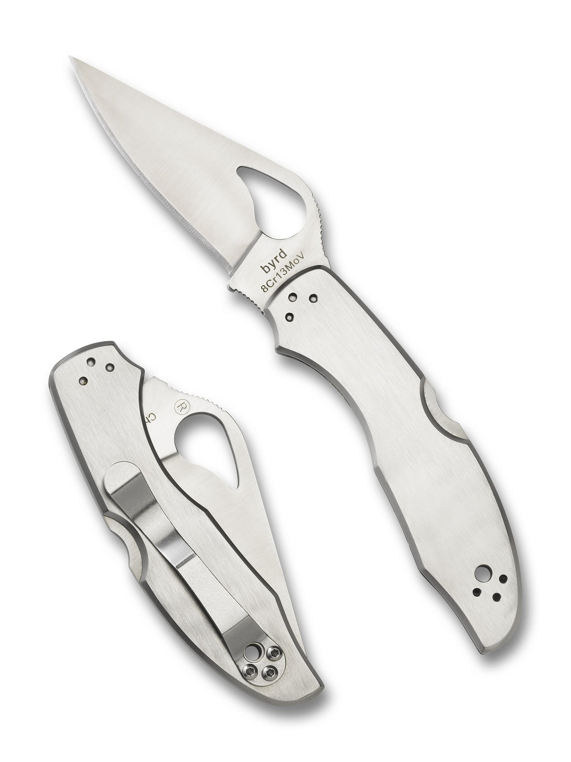 Spyderco Byrd Meadowlark 2 BY04P2 front view - 2.97 inch satin 8Cr13MoV leaf blade with stainless steel handle
